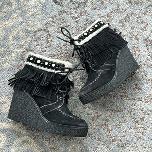 Sam Edelman Black Suede Leather Fringe Studded Kemper Wedge Boots Black 8.5